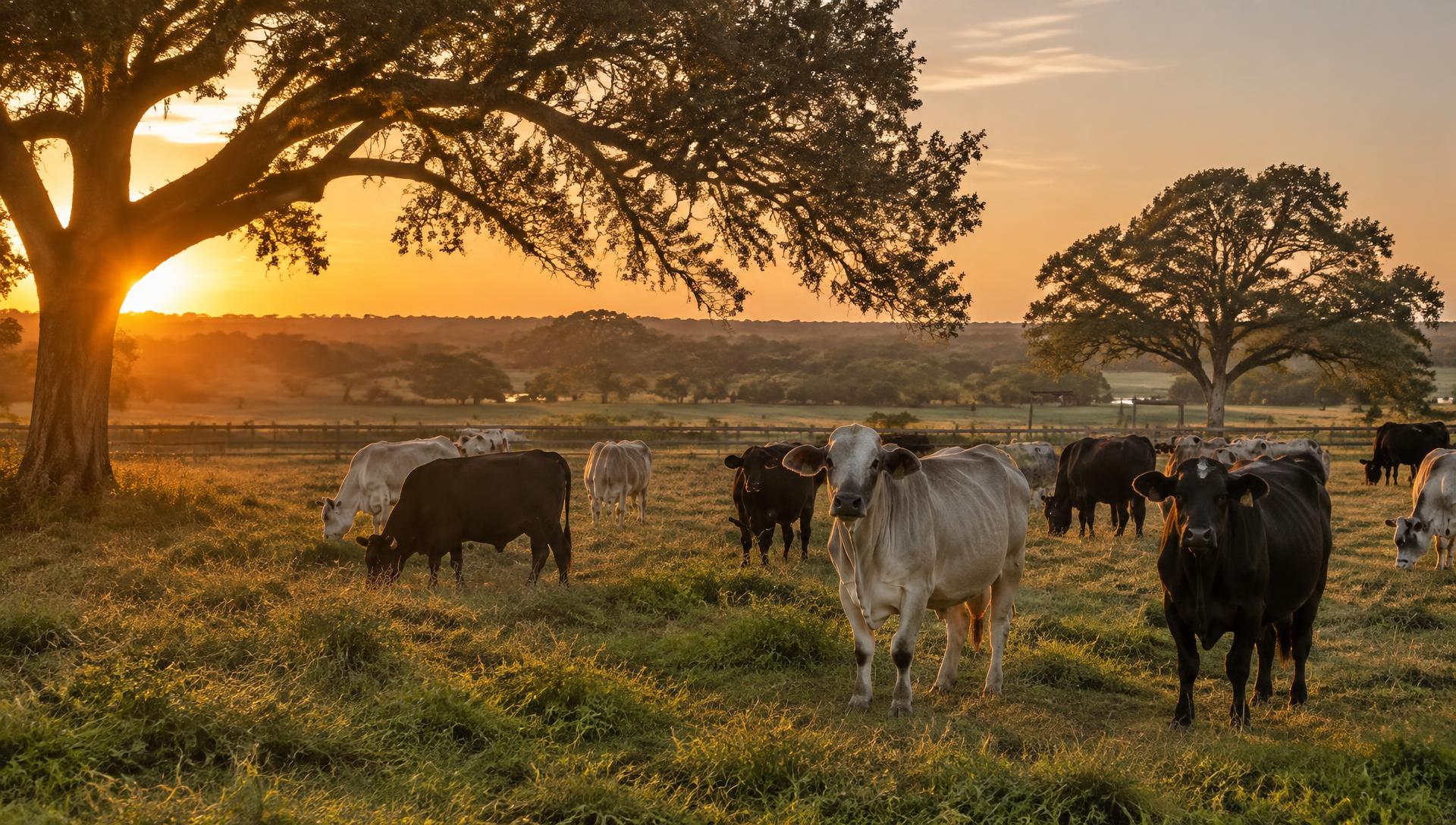 Cattle grazing in a Texas pasture under live oaks at sunset